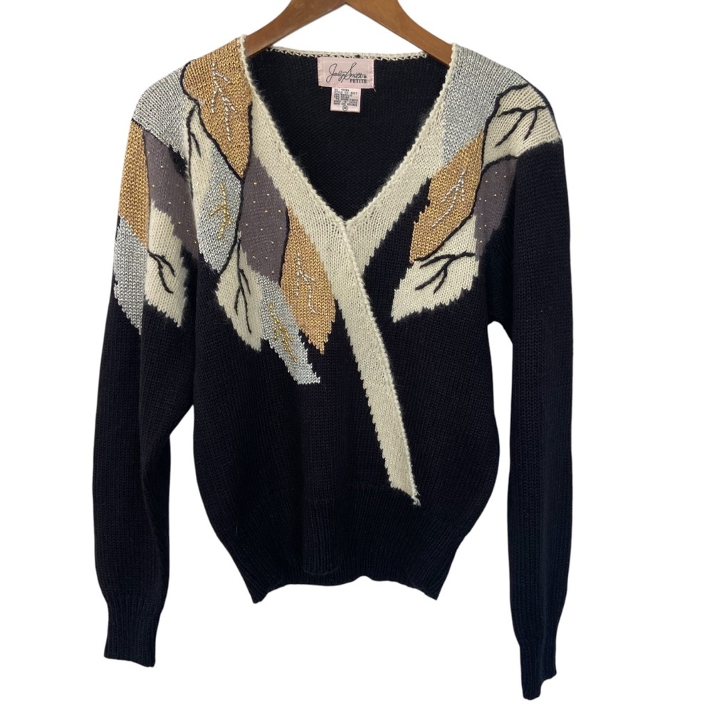 Vintage Jaclyn Smith Petite Sweater Black Gold Silver Metallic Medium 80s 90s